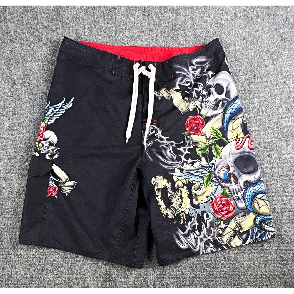 Joe Boxer Men's Board Shorts Size M Black Red Tattoo Graphic Skull Swim Trunks